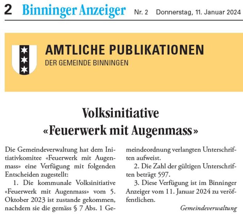 Feuerwerksinitiative im Binninger Anzeiger