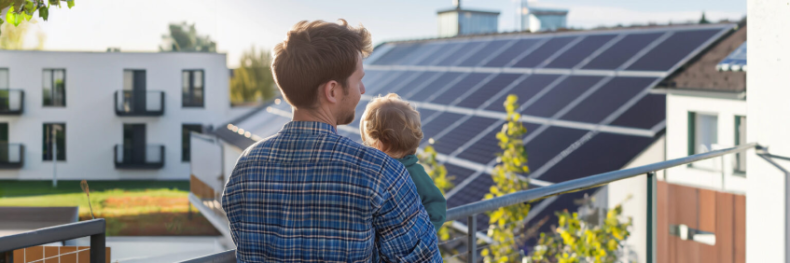 Vater mit Kind auf dem Arm mit Blick auf ein Hausdach, auf dem eine grosse Photovolatikanlage/Solarpanels installiert sind.