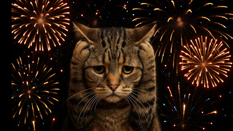 eine getigerte Katze hält sich mit den Pfoten die Ohren zu. Im schwarzen Hintergrund hat es viel Feuerwerk.