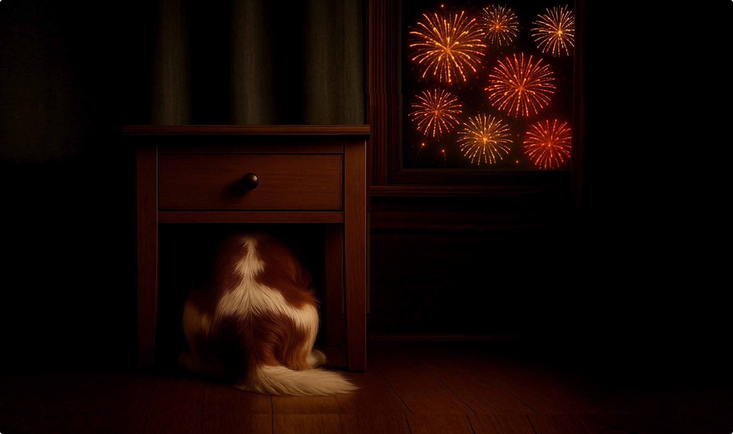 Ein Hund versteckt sich unter einem Nachttischchen. Durch das Fenster sieht man Feuerwerk.