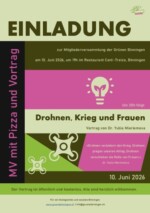Einladungsflyer der Grünen Binningen zur Mitgliederversammlung am 10. Juni 2026 im Restaurant Cent-Treize. Zentrale Inhalte: 19:00 Uhr: Mitgliederversammlung mit Pizza. 20:00 Uhr: Öffentlicher, kostenloser Vortrag „Drohnen, Krieg und Frauen“ von Dr. Yuliia Mieriemova. Design: Geometrisches Layout in Grün, Violett und Beige mit Icons einer Glühbirne und Drohnen.