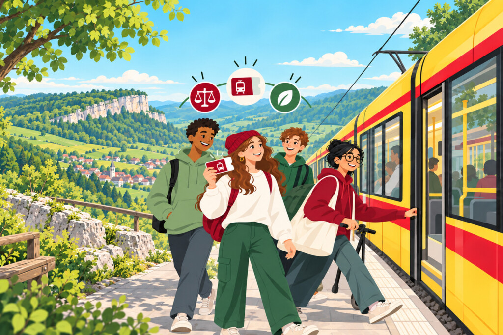 junge Menschen zeigen ihr U-Abo und steigen fröhlich in ein gelb-rotes Tram ein